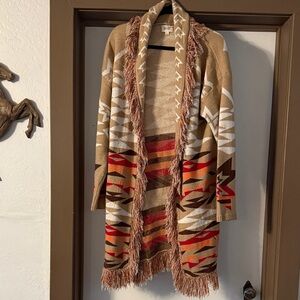 Tribal Patterned Tan Sweater with Fringe
